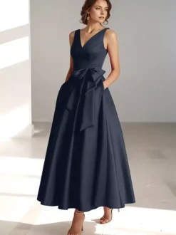 Robe de mère de mariée robe d'invitée de mariage a-line col V sans manche décoré de noeud