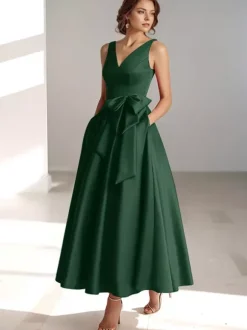 Robe de mère de mariée robe d'invitée de mariage a-line col V sans manche décoré de noeud
