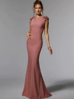 Robe de mère de mariée robe d'invitée de mariage col rond sans manche au sol