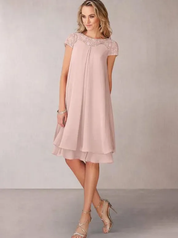 Robe de mère de mariée Robe de mariage d'invitée rose pale en chiffon col rond longueur genou