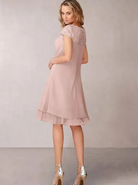 Robe de mère de mariée Robe de mariage d'invitée rose pale en chiffon col rond longueur genou