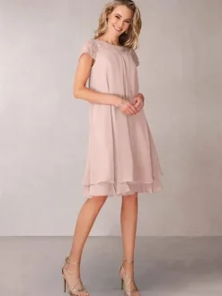 Robe de mère de mariée Robe de mariage d'invitée rose pale en chiffon col rond longueur genou