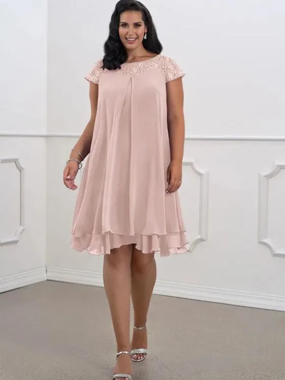 Robe de mère de mariée Robe de mariage d'invitée rose pale en chiffon col rond longueur genou