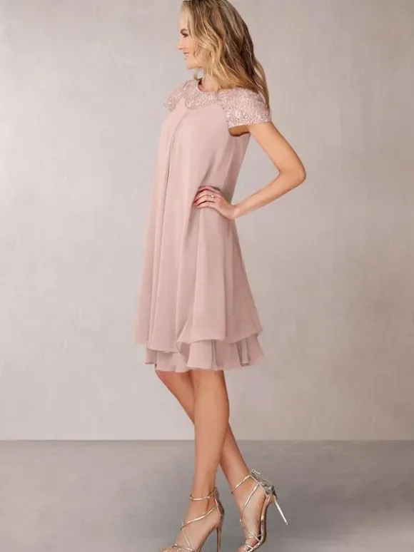 Robe de mère de mariée Robe de mariage d'invitée rose pale en chiffon col rond longueur genou