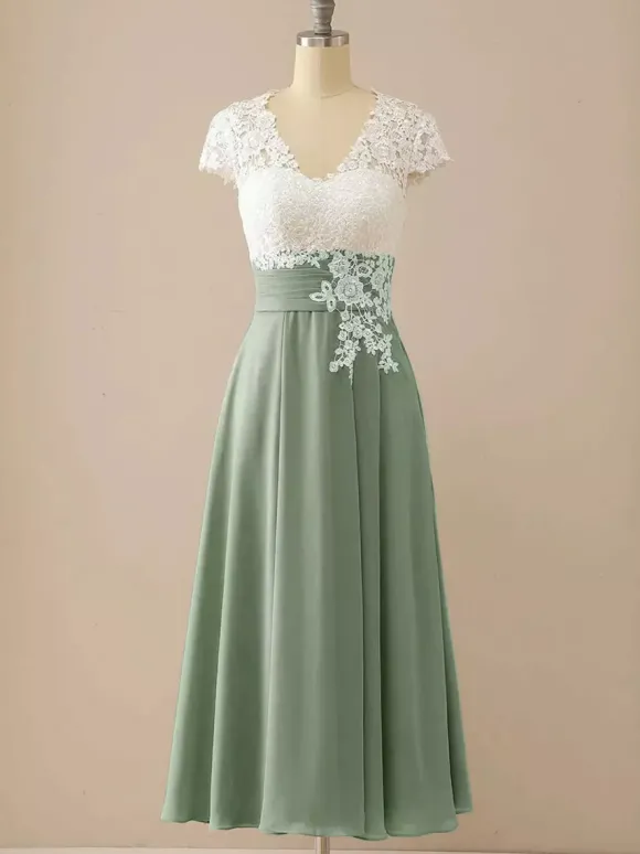 Robe de mère de mariée robe d'invitée mariage col v en dentelle jupe plissée