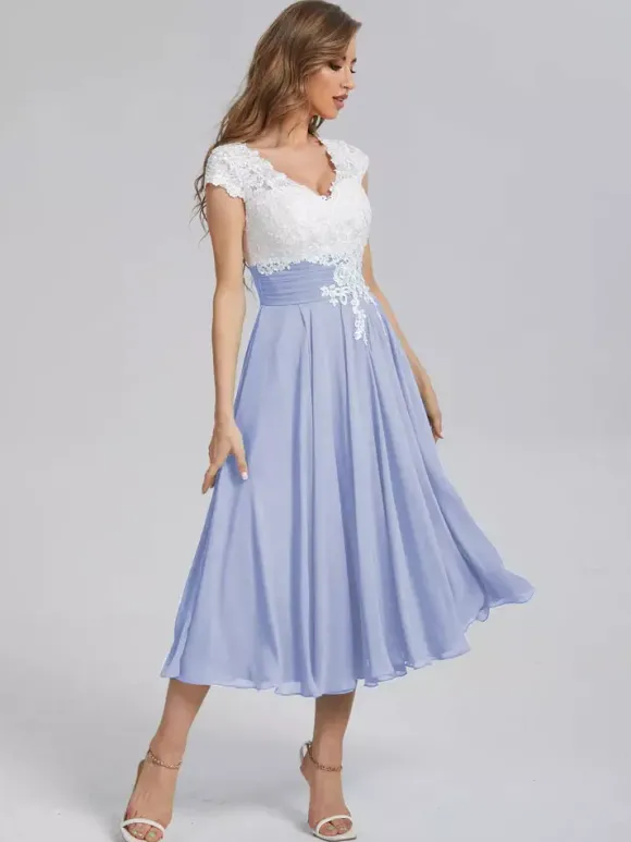 Robe de mère de mariée robe d'invitée mariage col v en dentelle jupe plissée
