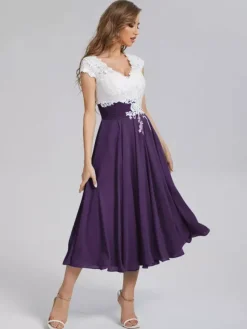Robe de mère de mariée robe d'invitée mariage col v en dentelle jupe plissée