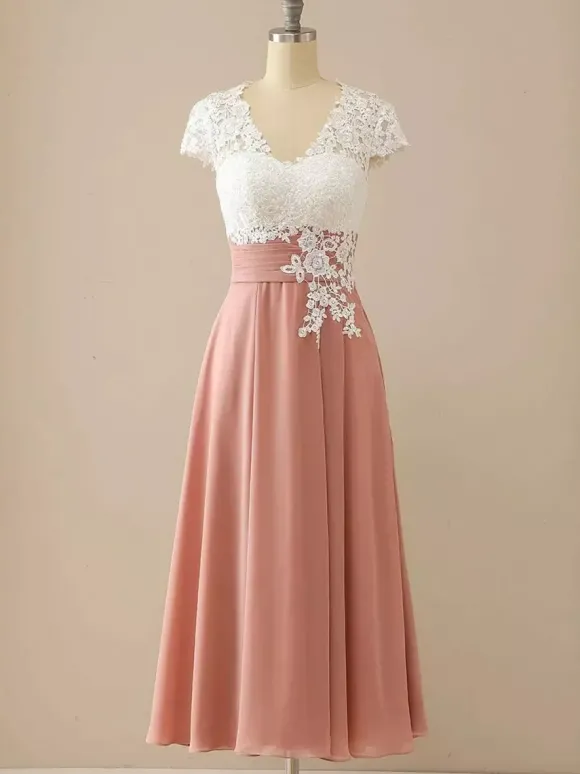 Robe de mère de mariée robe d'invitée mariage col v en dentelle jupe plissée