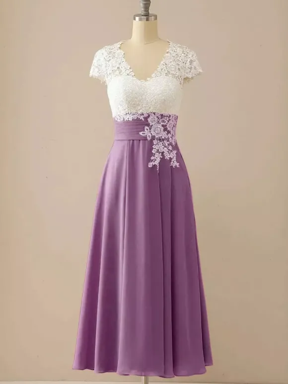 Robe de mère de mariée robe d'invitée mariage col v en dentelle jupe plissée