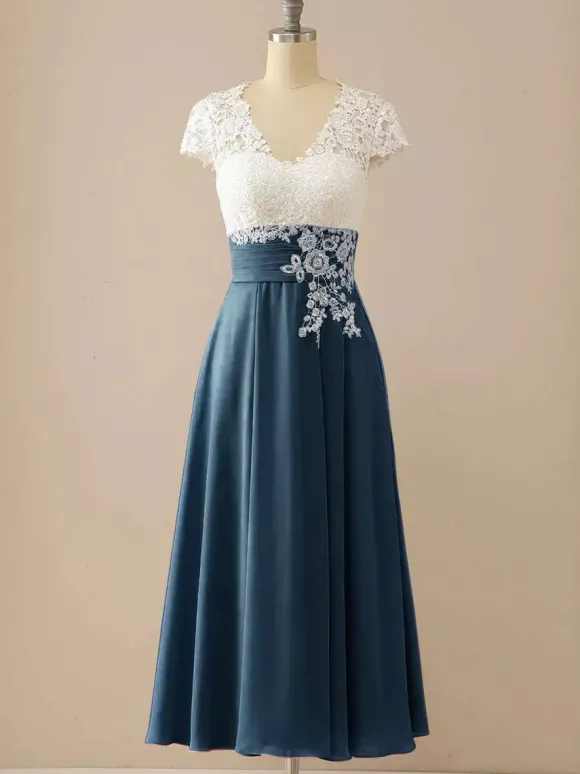 Robe de mère de mariée robe d'invitée mariage col v en dentelle jupe plissée