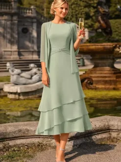 Robe de mère deux pièces col rond manches 3/4 robes plissées deux pièces pour invitée de mariage