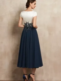 Robe de mère en dentelle col en v manches courtes ligne a longueur thé robes d'invitées pour mariage
