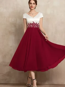Robe de mère en dentelle col en v manches courtes ligne a longueur thé robes d'invitées pour mariage