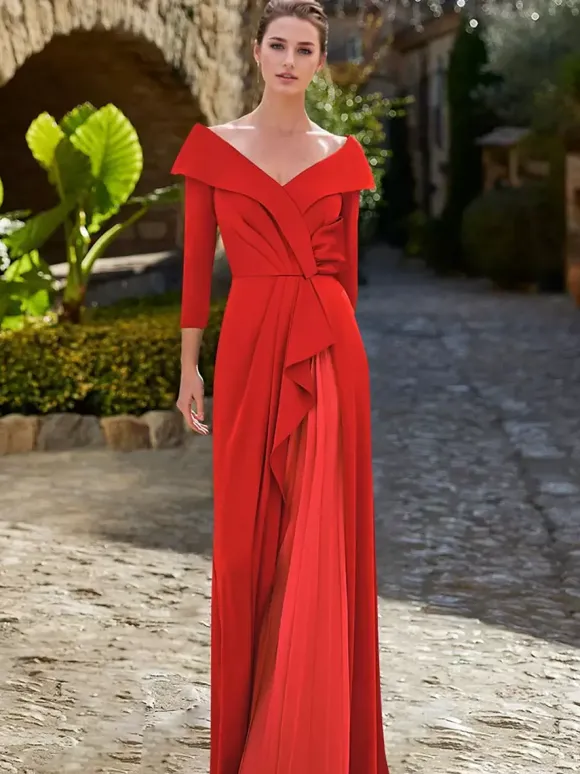 Robe de mère plissée col en v manches 3/4 ligne a robes d'invitées pour mariage