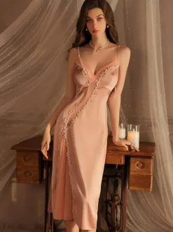 Robe De Nuit Longue Femme Pyjama Dentelle Pure Tissu Satiné Lingerie