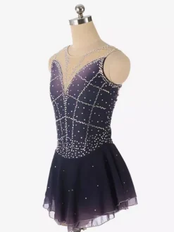 Robe de patinage artistique violet foncé sans manches en résille strassée tenue de compétition