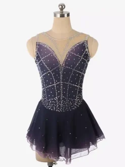 Robe de patinage artistique violet foncé sans manches en résille strassée tenue de compétition