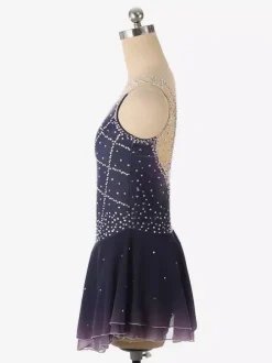 Robe de patinage artistique violet foncé sans manches en résille strassée tenue de compétition