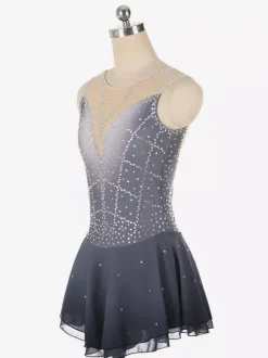Robe de patinage artistique violet foncé sans manches en résille strassée tenue de compétition