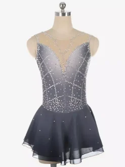 Robe de patinage artistique violet foncé sans manches en résille strassée tenue de compétition