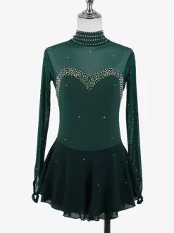 Robe de patinage artistique pour femmes haute élasticité manches longues maille crochet diamant robe de compétition de danse sur glace