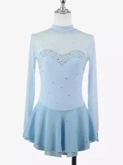 Robe de patinage artistique pour femmes haute élasticité manches longues maille crochet diamant robe de compétition de danse sur glace