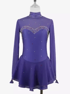 Robe de patinage artistique pour femmes haute élasticité manches longues maille crochet diamant robe de compétition de danse sur glace
