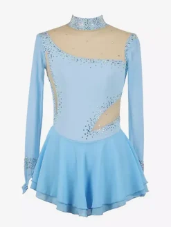Robe de patinage bleu roi pour femmes et filles en maille perlée et strass manches longues.