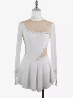 Robe de patinage bleu roi pour femmes et filles en maille perlée et strass manches longues.