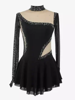 Robe de patinage bleu roi pour femmes et filles en maille perlée et strass manches longues.