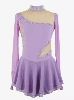 Robe de patinage bleu roi pour femmes et filles en maille perlée et strass manches longues.