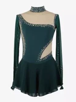 Robe de patinage bleu roi pour femmes et filles en maille perlée et strass manches longues.