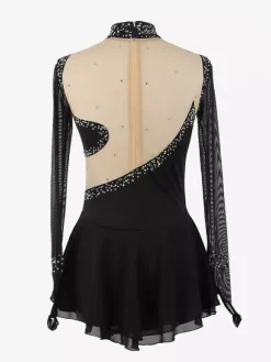 Robe de patinage bleu roi pour femmes et filles en maille perlée et strass manches longues.