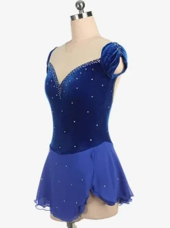 Robe de patinage bleu royal perler les costumes de danse de velours à volants Déguisements Halloween