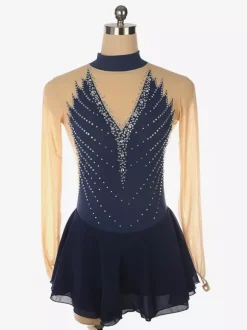 Robe de patinage dos nu foncé col montant perles et maille pour femmes et filles