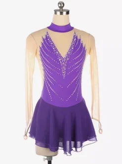 Robe de patinage dos nu foncé col montant perles et maille pour femmes et filles