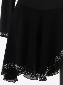 Robe de patinage noire élégante à manches longues en maille ornée de perles et de strass. Costumes de patinage.
