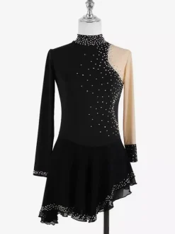 Robe de patinage noire élégante à manches longues en maille ornée de perles et de strass. Costumes de patinage.