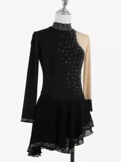 Robe de patinage noire élégante à manches longues en maille ornée de perles et de strass. Costumes de patinage.