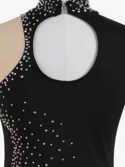 Robe de patinage noire élégante à manches longues en maille ornée de perles et de strass. Costumes de patinage.