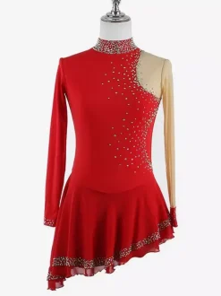 Robe de patinage noire élégante à manches longues en maille ornée de perles et de strass. Costumes de patinage.