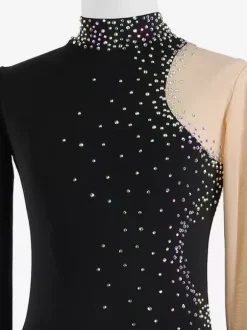 Robe de patinage noire élégante à manches longues en maille ornée de perles et de strass. Costumes de patinage.