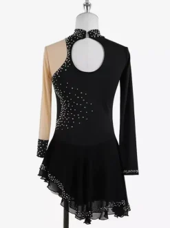 Robe de patinage noire élégante à manches longues en maille ornée de perles et de strass. Costumes de patinage.
