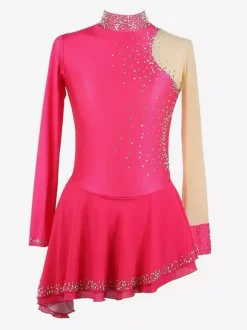 Robe de patinage noire élégante à manches longues en maille ornée de perles et de strass. Costumes de patinage.