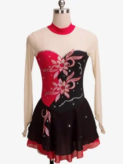 Robe De Patinage Perles Floral Rouge À Volants Lycra Spandex Costumes De Danse Déguisements Halloween