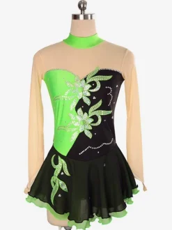 Robe De Patinage Perles Floral Rouge À Volants Lycra Spandex Costumes De Danse Déguisements Halloween