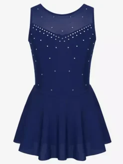 Robe de patinage pour femmes et filles en polyester turquoise sans manches ornée de strass. Costumes de danse et de patinage.