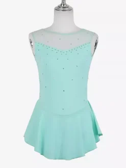 Robe de patinage pour femmes et filles en polyester turquoise sans manches ornée de strass. Costumes de danse et de patinage.