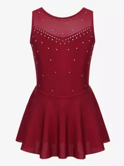 Robe de patinage pour femmes et filles en polyester turquoise sans manches ornée de strass. Costumes de danse et de patinage.