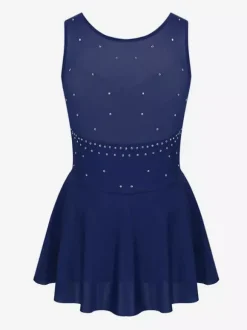 Robe de patinage pour femmes et filles en polyester turquoise sans manches ornée de strass. Costumes de danse et de patinage.